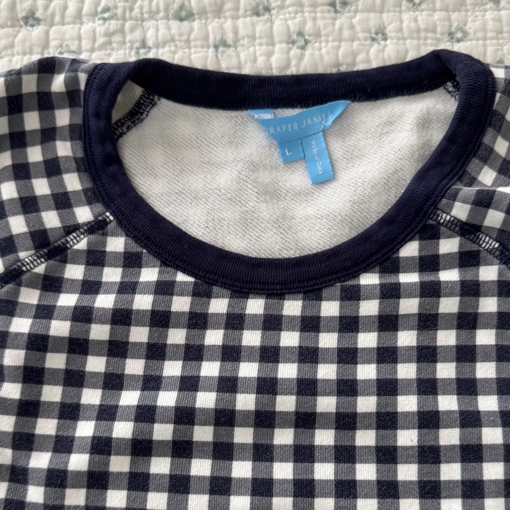 Draper James gingham Checkered Navy and White lightweight sweatshirt.